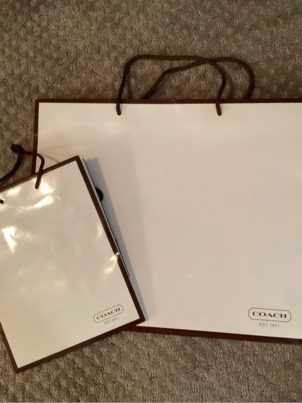 Coach Authentic White &Red Glossy Shopping/Gift Bags with rope handles, 2 bags